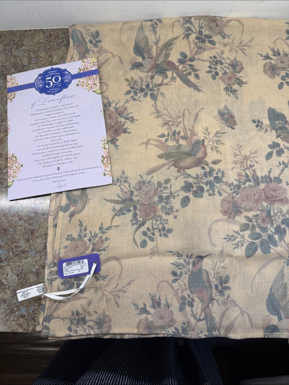 April Cornell Beige Floral & woodland Sparrow Wool/Cotton Scarf-NWT